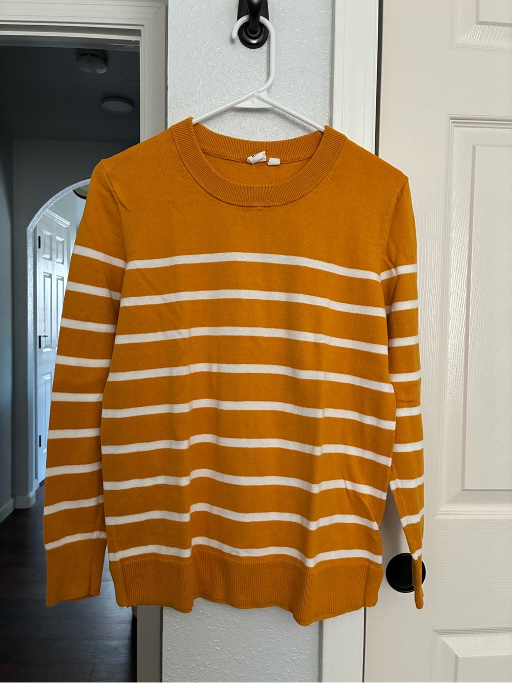 GAP Women’s Mustard Yellow and White Striped Crewneck Sweater